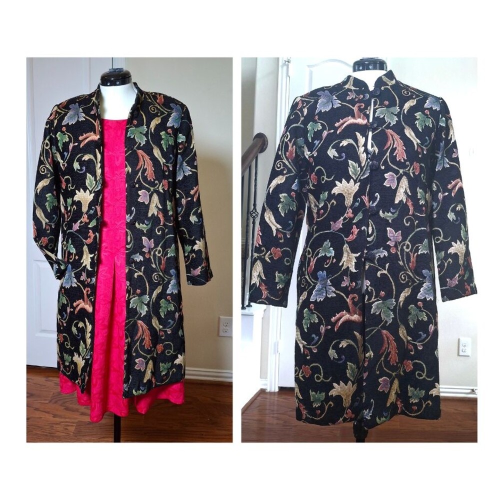 VTG 90s Nino Wong Floral Tapestry Coat M Boho Grunge Long Line Overcoat Jacket